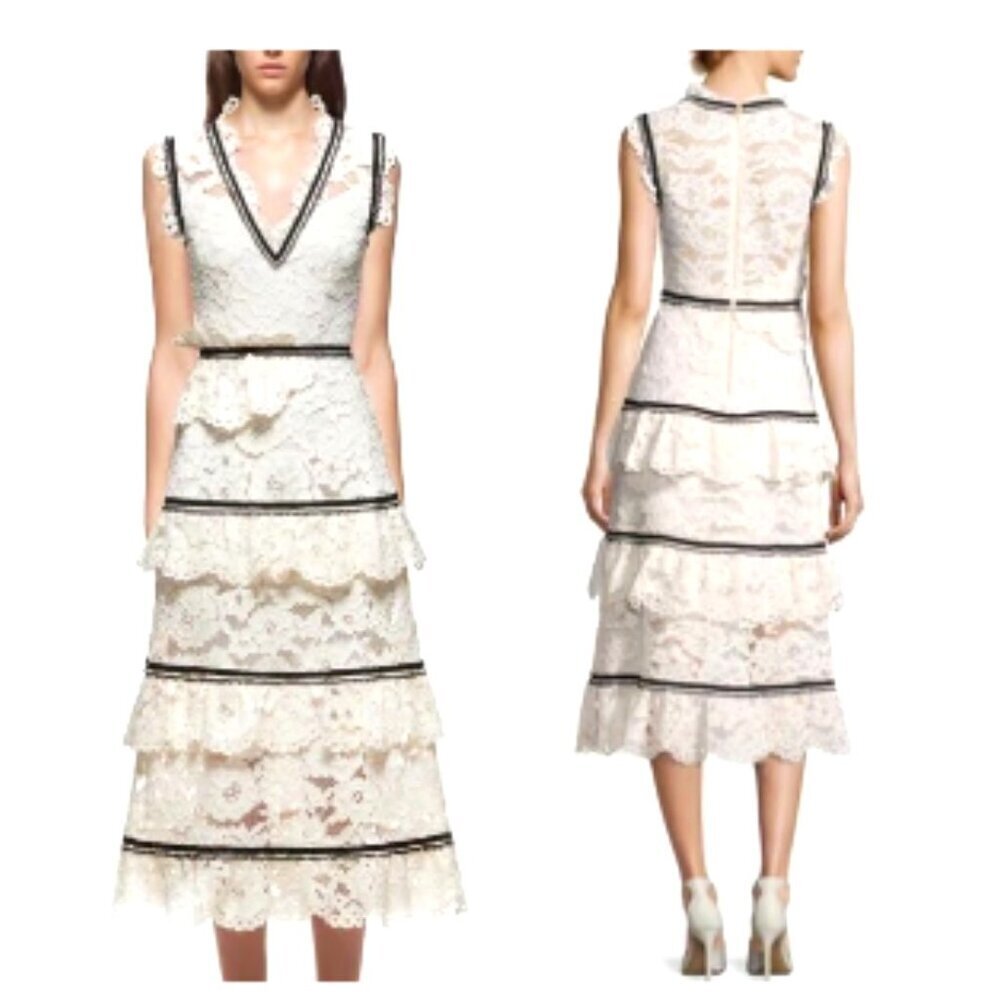 SELF-PORTRAIT Black and White Tiered Ruffled Lace Midi Dress US 4